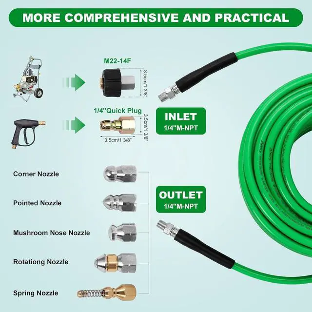 Alt view image 4 of 7 - Sewer Jetter Kit for Pressure Washer,Water Jet Drain Cleaning Hose with Corner Rotating Button Spring Nose 1/4" NPT Sewer Cleaning Tool High-Pressure Nozzles,5800 PSI 50 FT