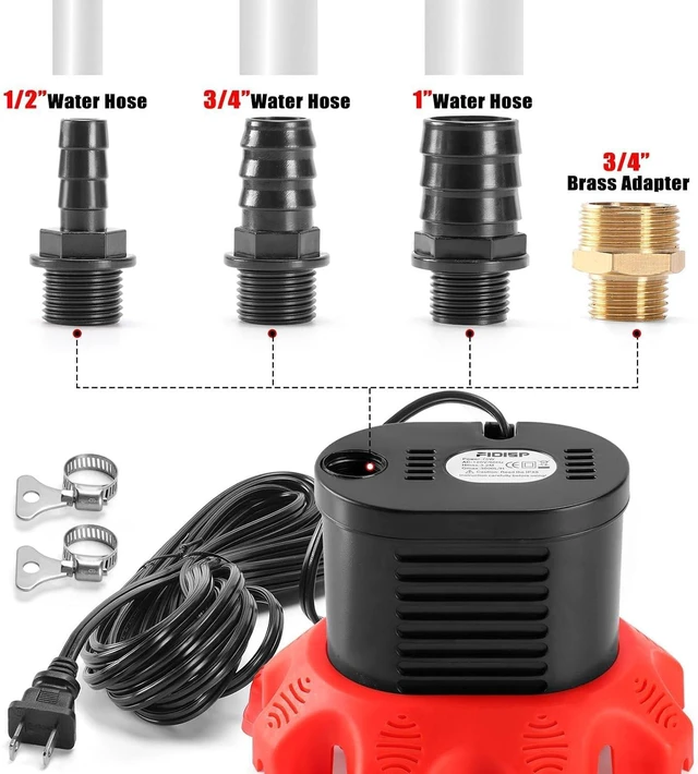Alt view image 7 of 7 - 850 GPH Pool Cover Pump for Pool Draining with 4 Hose Adapters, 20 FT Drain Hose & 25 FT Power Cord Above Ground Pump for Pool Covers, Ponds and Tubs (Red)