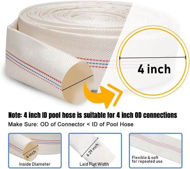 Alt view image 2 of 7 - 4 Inch x 26.2 Feet Length Swimming Pool Backwash Hose, PVC Lay-Flat Garden Hose Water Discharge Hose with Adjustable Hose Clamp for Patio Garden Lawn Irrigation & Swimming Pool