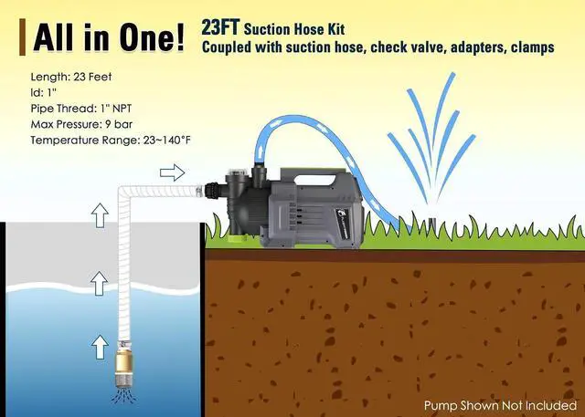 Alt view image 3 of 6 - 23FT x 1" Suction Hose Kit with Brass Fitting Check Valve and NPT 1" Thread, Water Intake Hose Set, Aspiration Hose for Well Shallow Sprinkler Garden Booster Pump, White