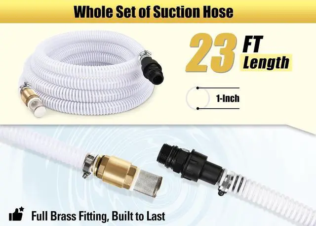 Alt view image 4 of 6 - 23FT x 1" Suction Hose Kit with Brass Fitting Check Valve and NPT 1" Thread, Water Intake Hose Set, Aspiration Hose for Well Shallow Sprinkler Garden Booster Pump, White