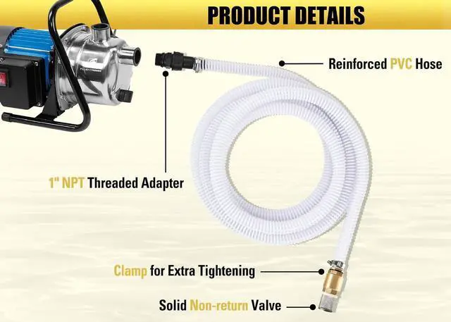 Alt view image 6 of 6 - 23FT x 1" Suction Hose Kit with Brass Fitting Check Valve and NPT 1" Thread, Water Intake Hose Set, Aspiration Hose for Well Shallow Sprinkler Garden Booster Pump, White