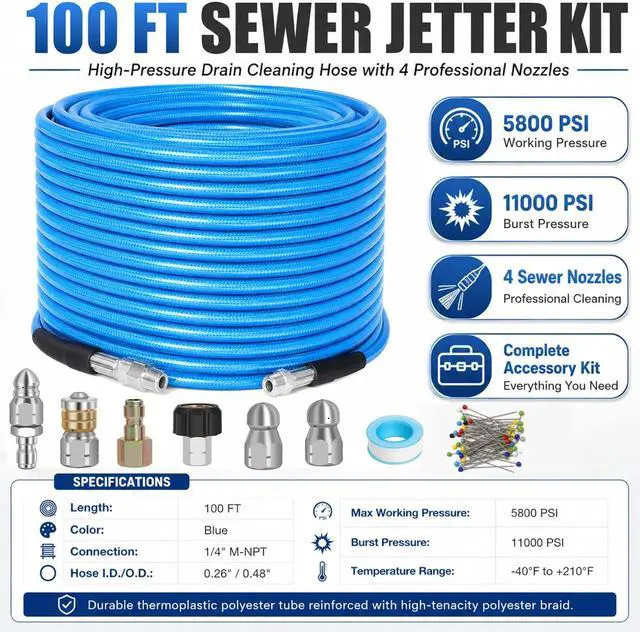 Alt view image 5 of 7 - 100 FT Sewer Jetter Kit for Pressure Washer, 5800PSI Drain Cleaner Hose