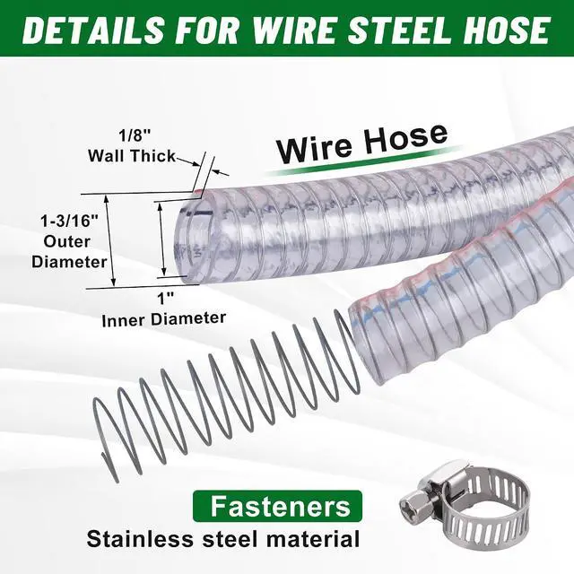 Alt view image 2 of 7 - 20FT 1" ID x 1.25" OD Steel Wire Suction Hose with 6 Stainless Clamps