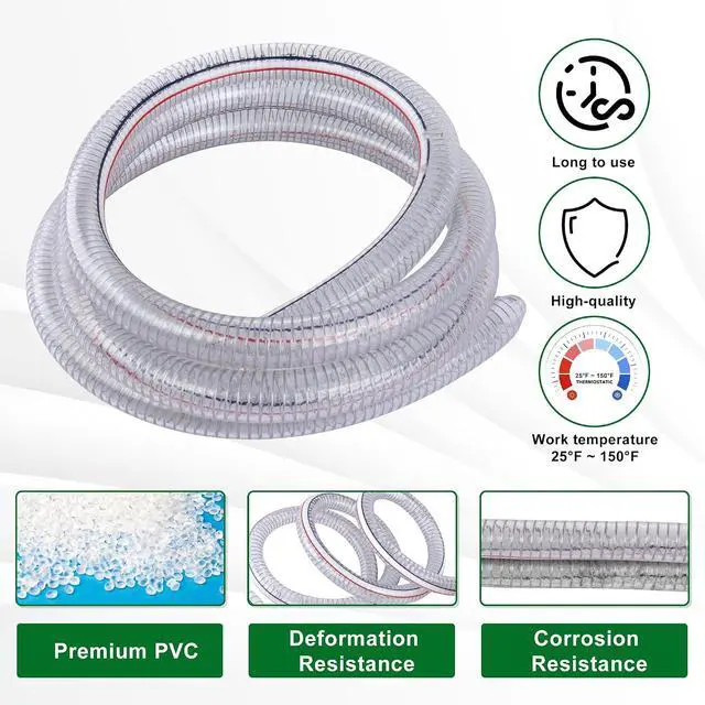 Alt view image 3 of 7 - 20FT 1" ID x 1.25" OD Steel Wire Suction Hose with 6 Stainless Clamps