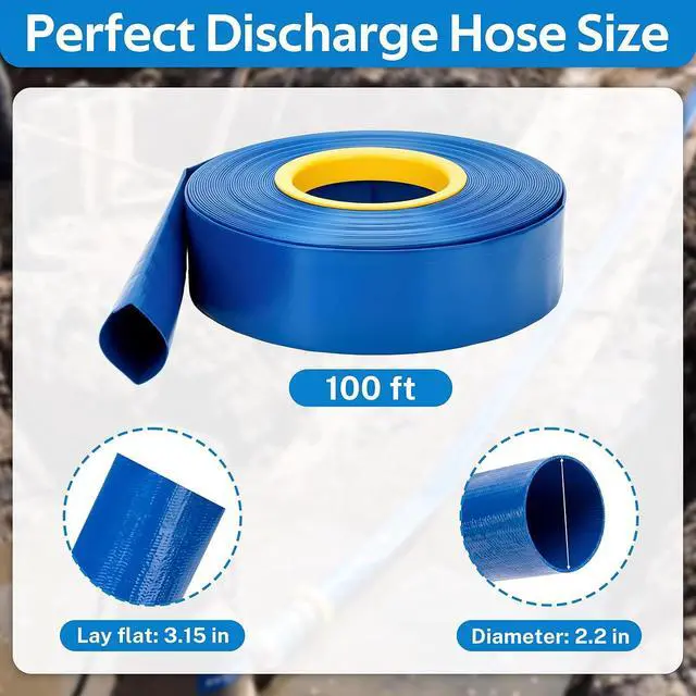 Alt view image 2 of 6 - 2" x 100FT Pool Backwash Hose, Heavy Duty Reinforced PVC Drain Hose, Lay Flat Discharge Hose with 2 Stainless Steel Clamps, Burst Resistant Water Hose for Sump Pump, Swimming Pool & Filter Drainage