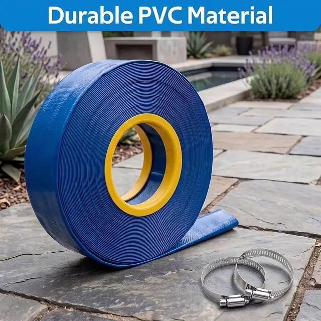 Alt view image 3 of 6 - 2" x 100FT Pool Backwash Hose, Heavy Duty Reinforced PVC Drain Hose, Lay Flat Discharge Hose with 2 Stainless Steel Clamps, Burst Resistant Water Hose for Sump Pump, Swimming Pool & Filter Drainage