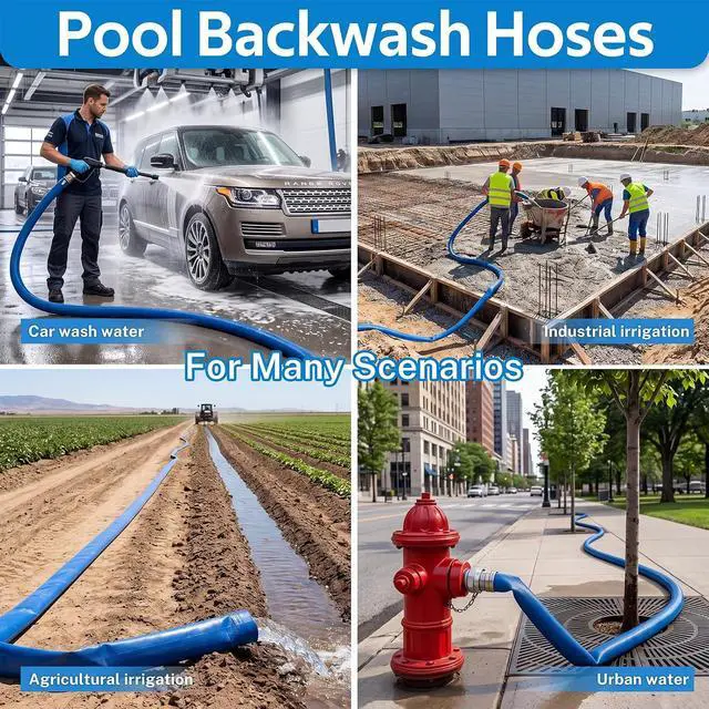 Alt view image 5 of 6 - 2" x 100FT Pool Backwash Hose, Heavy Duty Reinforced PVC Drain Hose, Lay Flat Discharge Hose with 2 Stainless Steel Clamps, Burst Resistant Water Hose for Sump Pump, Swimming Pool & Filter Drainage
