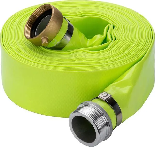 Main image of 2" x 50' Green PVC Backwash and Discharge Hose for Swimming Pools, Heavy Duty Reinforced Flat Pool Hose with Aluminum Pin Lug Fittings
