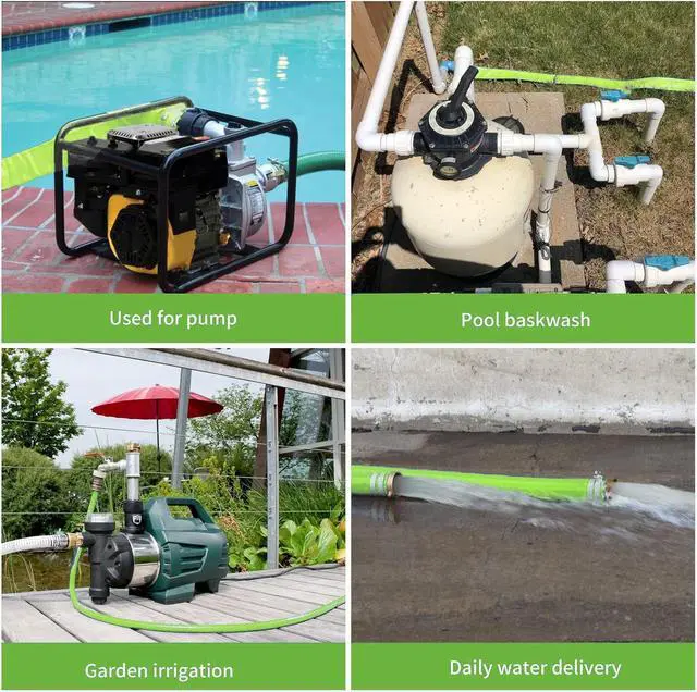 Alt view image 6 of 6 - 2" x 50' Green PVC Backwash and Discharge Hose for Swimming Pools, Heavy Duty Reinforced Flat Pool Hose with Aluminum Pin Lug Fittings