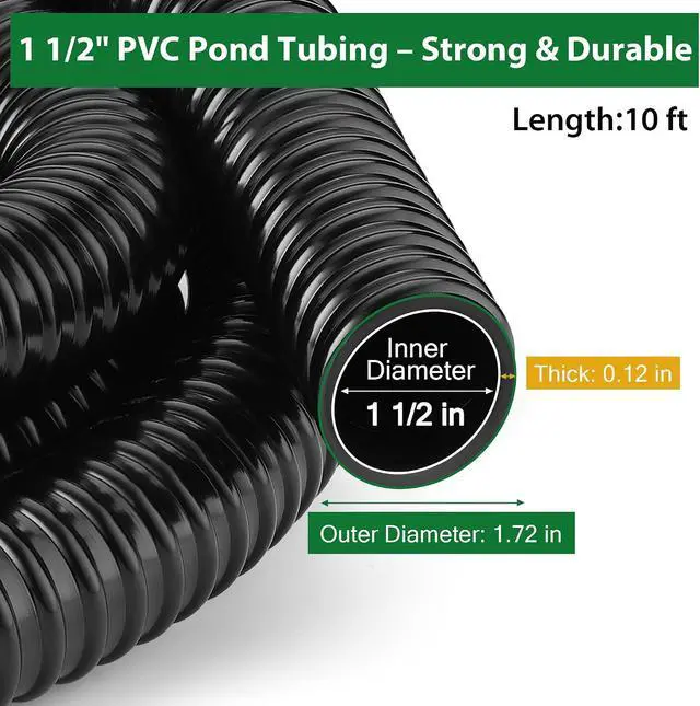 Alt view image 2 of 6 - 1 1/2 Inch Pond Tubing 10ft Heavy Duty PVC Corrugated Pond Hose with 2 Stainless Steel Hose Clamps, Kink-Proof Black Pump Tubing for Garden Ponds, Waterfalls, Filters & Drainage