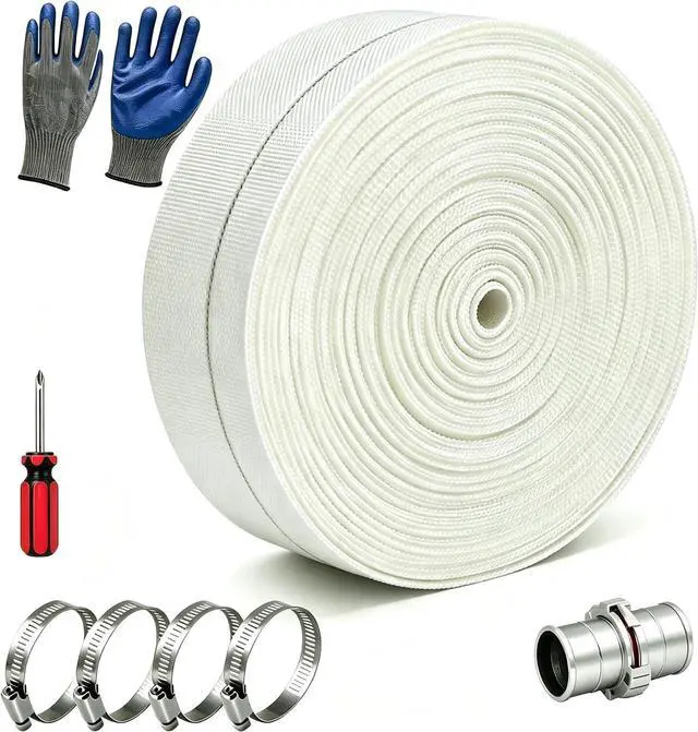 Main image of 2 Inch Pool Backwash Hose 100 FT, HeavyDuty Flat Discharge Hose for Sump Pump, with 1 QuickConnect Adapter & 4 Stainless Steel Hose Clamps, Work Gloves & Screwdriver, Flexible Pool Drainage Hose