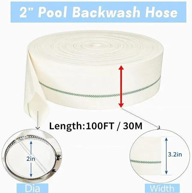 Alt view image 2 of 6 - 2 Inch Pool Backwash Hose 100 FT, HeavyDuty Flat Discharge Hose for Sump Pump, with 1 QuickConnect Adapter & 4 Stainless Steel Hose Clamps, Work Gloves & Screwdriver, Flexible Pool Drainage Hose