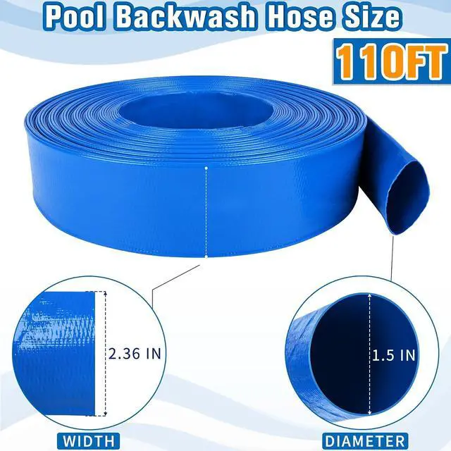 Alt view image 2 of 6 - 1.5IN x 110FT Pool Backwash Hose Heavy Duty Drain Discharge Double PVC Layflat Hose with 2 Clamps, Weatherproof Burst Resistant for Water Transfer, Sump Pump, Pool Filter, Drain (33.6M,Blue)