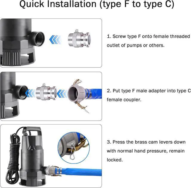 Alt view image 5 of 7 - 1-1/2" ID × 50 ft PVC Lay Flat Discharge Hose, Heavy Duty Reinforced Blue Pool Backwash Hoses For Swimming Drain Pools, with Aluminum Camlock C and E Fittings, Cam Lock Fitting Type F included