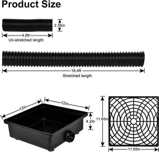 Alt view image 2 of 6 - Low Profile Catch Basin Drain Kit Downspout Extender, 12"×12" Catch Basin Gutter Downspout Extensions with 2" ID Flexible Pipe, Pipe Stretched Length 16.4ft, Rainwater Drainage System