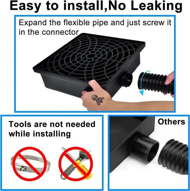 Alt view image 4 of 6 - Low Profile Catch Basin Drain Kit Downspout Extender, 12"×12" Catch Basin Gutter Downspout Extensions with 2" ID Flexible Pipe, Pipe Stretched Length 16.4ft, Rainwater Drainage System
