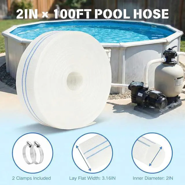 Alt view image 7 of 7 - Pool Backwash Hose 2 IN × 100 FT, Discharge Layflat Hose for Pool Filter Backwashing, Sump Pump Drainage and Water Transfer, with 2 Clamps