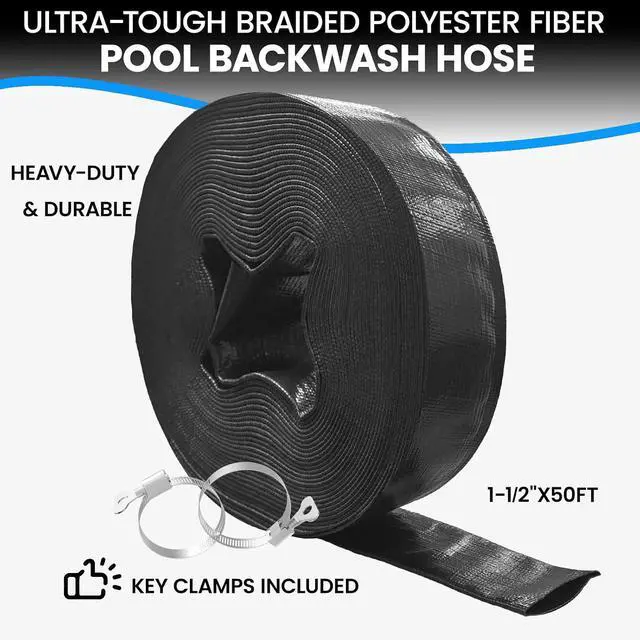 Alt view image 2 of 7 - Backwash Hose 1-1/2" x 50 ft, Heavy-Duty Lay-Flat Reinforced PVC Discharge Hose with 2 Stainless Steel Thumb Screw Clamps, Leak-Resistant for Inground & Above-Ground Pool Filters
