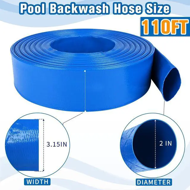 Alt view image 2 of 6 - 2 IN x 110FT Pool Backwash Hose Heavy Duty Drain Discharge Double PVC Layflat Hose with 2 Clamps, Weatherproof Burst Resistant for Water Transfer, Sump Pump, Pool Filter, Pool Drain (33.6M, Blue)