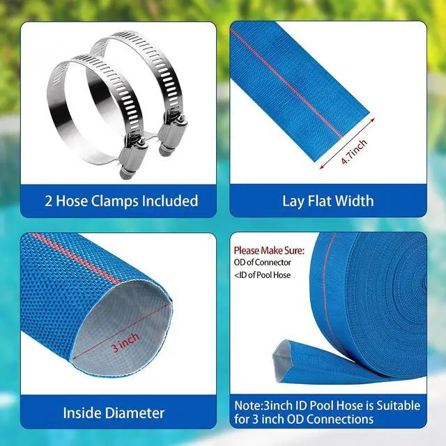 Alt view image 3 of 6 - 3"x 65.6ft Pool Backwash Hose Heavy Duty PVC Discharge Hose Lay-Flat Water Hose Fleaxible Reinforced Pump Drain Pipe for Water Transfer with 2 Clamps,Burst Resistant,No Leak
