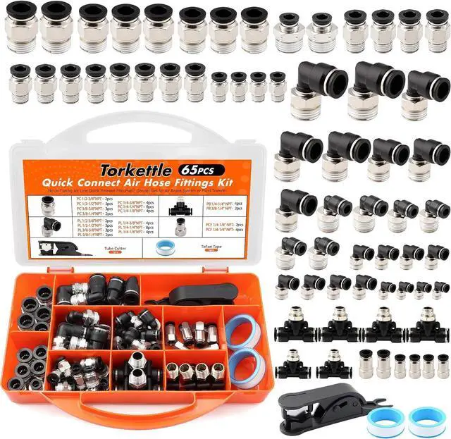 Main image of 64PCS Air Hose Fitting Assortment Kit, Full NPT Thread Series, Nickel-Plated Brass & High-Strength PBT Plastic Push to Connect Pneumatic Fittings, Leak-Free for Air Compressor