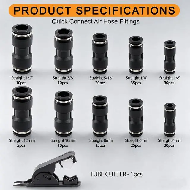Alt view image 2 of 7 - 180PCS Push to Connect Air Fittings Kit, 1/8 1/4 5/16 3/8 1/2" & 4-12mm Quick Connect Pneumatic Fittings for Air Compressor, Automation, Air Brake & Hydraulic Systems, Nickel-Plated Brassblack