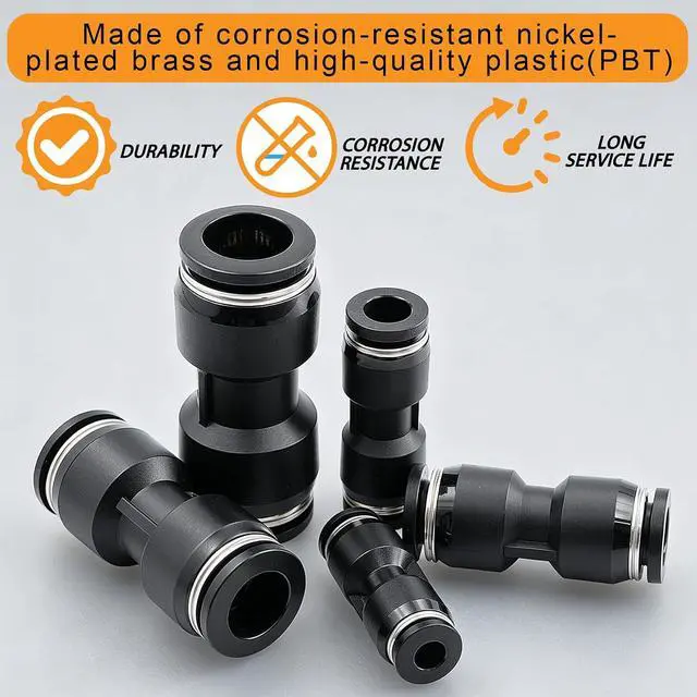 Alt view image 4 of 7 - 180PCS Push to Connect Air Fittings Kit, 1/8 1/4 5/16 3/8 1/2" & 4-12mm Quick Connect Pneumatic Fittings for Air Compressor, Automation, Air Brake & Hydraulic Systems, Nickel-Plated Brassblack