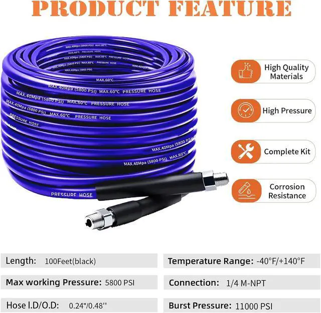 Alt view image 2 of 7 - Sewer Jetter Kit for Pressure Washer, 100FT Drain Cleaner Hose 5800PSI with 1/4 Inch NPT Corner, Rotating Nozzle and 4 Different Button Nose Sewer Jet Nozzles, Waterproof Tape and 2 Spanners Purple