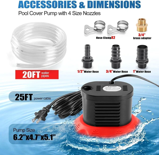 Alt view image 3 of 7 - 850 GPH Pool Cover Pump for Pool Draining with 4 Hose Adapters, 20 FT Drain Hose & 25 FT Power Cord Above Ground Pump for Pool Covers, Ponds and Tubs (Red)