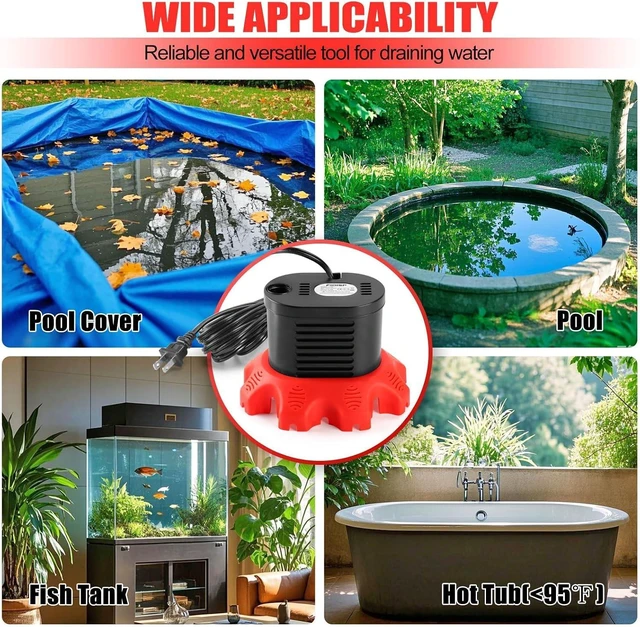Alt view image 6 of 7 - 850 GPH Pool Cover Pump for Pool Draining with 4 Hose Adapters, 20 FT Drain Hose & 25 FT Power Cord Above Ground Pump for Pool Covers, Ponds and Tubs (Red)