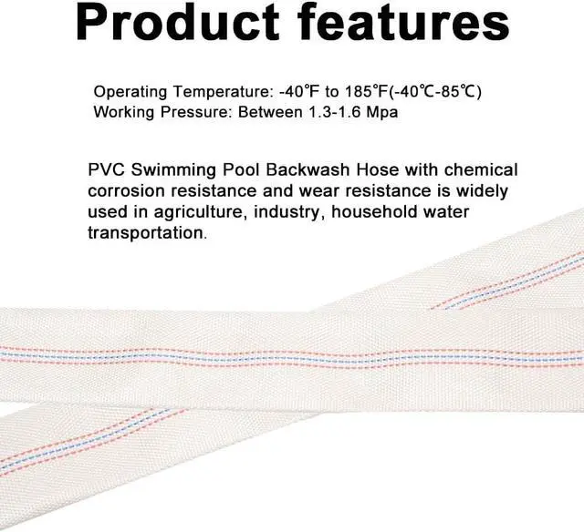 Alt view image 5 of 7 - 4 Inch x 26.2 Feet Length Swimming Pool Backwash Hose, PVC Lay-Flat Garden Hose Water Discharge Hose with Adjustable Hose Clamp for Patio Garden Lawn Irrigation & Swimming Pool