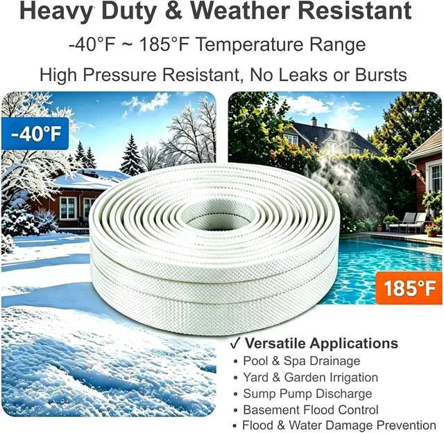 Alt view image 5 of 6 - 2 Inch Pool Backwash Hose 100 FT, HeavyDuty Flat Discharge Hose for Sump Pump, with 1 QuickConnect Adapter & 4 Stainless Steel Hose Clamps, Work Gloves & Screwdriver, Flexible Pool Drainage Hose