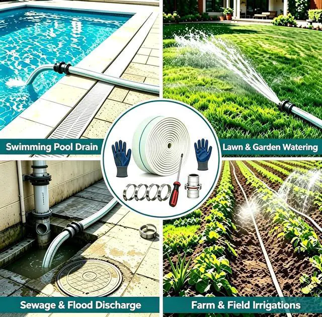 Alt view image 6 of 6 - 2 Inch Pool Backwash Hose 100 FT, HeavyDuty Flat Discharge Hose for Sump Pump, with 1 QuickConnect Adapter & 4 Stainless Steel Hose Clamps, Work Gloves & Screwdriver, Flexible Pool Drainage Hose