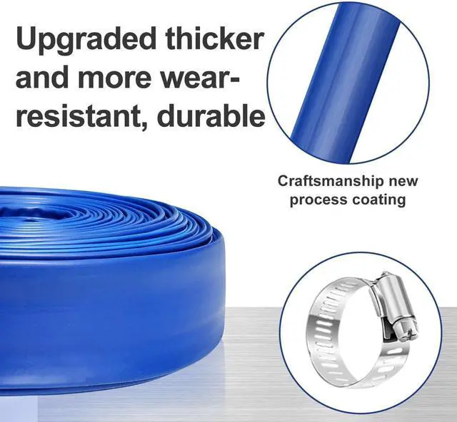 Alt view image 3 of 6 - PVC Drain HOSE 2"*100ft, Pool Backwash Hose, Heavy Duty Reinforced Blue PVC Lay Flat Water, For Swimming Drain Pools and Clean Filters, with 2 Clamp