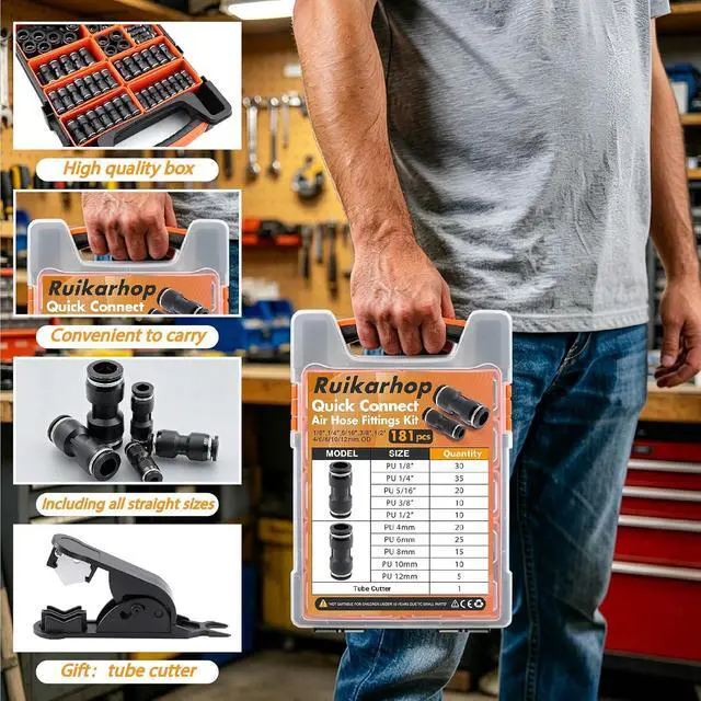 Alt view image 7 of 7 - 180PCS Push to Connect Air Fittings Kit, 1/8 1/4 5/16 3/8 1/2" & 4-12mm Quick Connect Pneumatic Fittings for Air Compressor, Automation, Air Brake & Hydraulic Systems, Nickel-Plated Brassblack