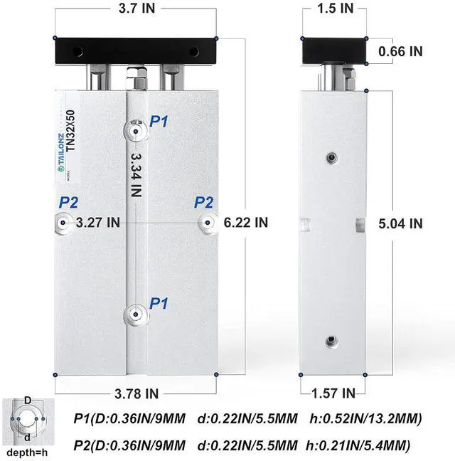 Alt view image 2 of 7 - 32mm Bore 50mm Stroke Double-Rod Double-Acting Aluminum Pneumatic Air Cylinder TN32-50