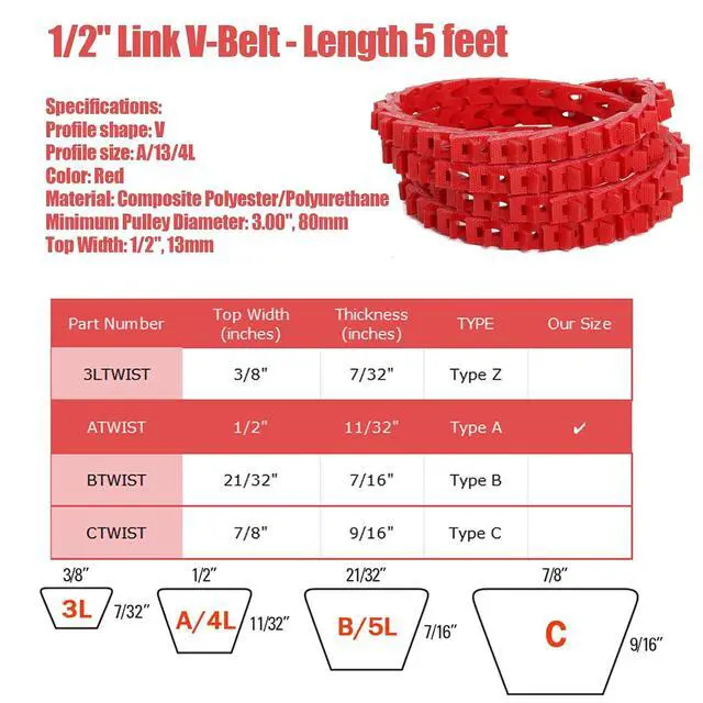 Alt view image 2 of 7 - 5FT Power Twist V Belt 1/2-Inch x 5 Feet A Type, Adjustable Link Drive V-Belt Perfect for Wood Lathes, Table Saws, Bandsaws,Benchtop Drill Press and Agricultural Machinery Repairs