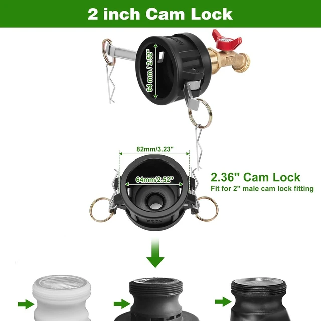 Alt view image 2 of 7 - 2 PCS IBC Tote Adapter 2" Cam Lock for 275-330 Gallon IBC Tote Tank, IBC Tote to Garden Hose Adapter with Brass Faucet (3/4" Female NPT Inlet×3/4" GHT Outlet), Garden Hose Quick Connector