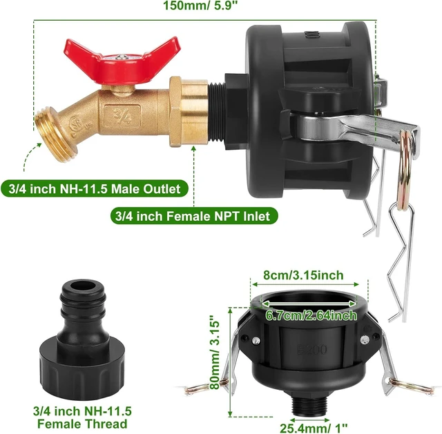 Alt view image 3 of 7 - 2 PCS IBC Tote Adapter 2" Cam Lock for 275-330 Gallon IBC Tote Tank, IBC Tote to Garden Hose Adapter with Brass Faucet (3/4" Female NPT Inlet×3/4" GHT Outlet), Garden Hose Quick Connector