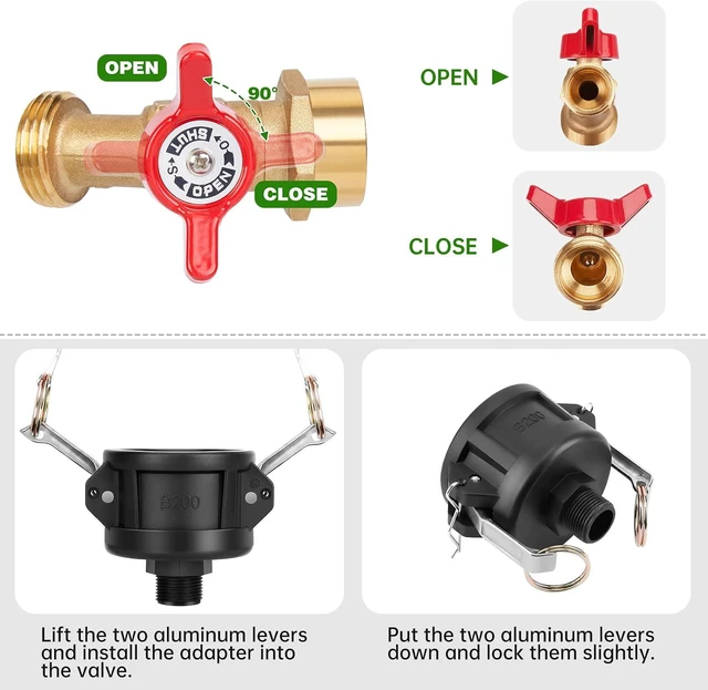 Alt view image 5 of 7 - 2 PCS IBC Tote Adapter 2" Cam Lock for 275-330 Gallon IBC Tote Tank, IBC Tote to Garden Hose Adapter with Brass Faucet (3/4" Female NPT Inlet×3/4" GHT Outlet), Garden Hose Quick Connector