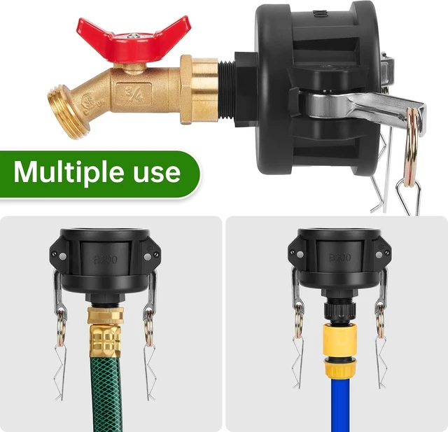 Alt view image 6 of 7 - 2 PCS IBC Tote Adapter 2" Cam Lock for 275-330 Gallon IBC Tote Tank, IBC Tote to Garden Hose Adapter with Brass Faucet (3/4" Female NPT Inlet×3/4" GHT Outlet), Garden Hose Quick Connector