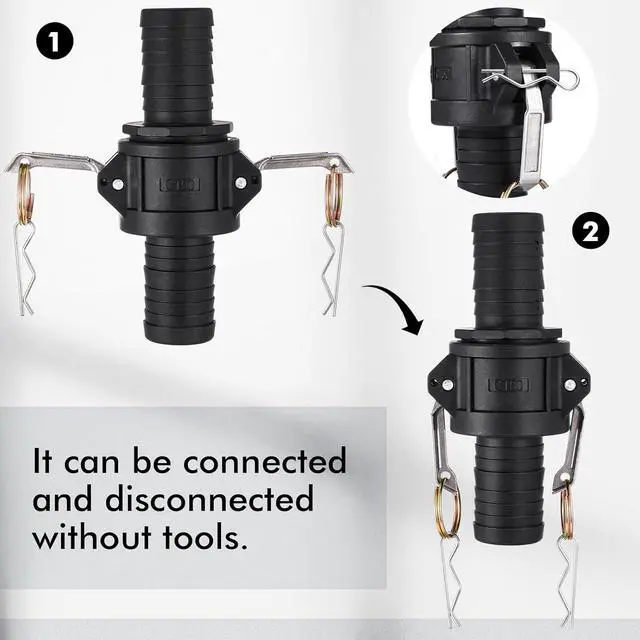 Alt view image 3 of 6 - Camlock Fittings 1-1/2 Inch Poly Standard Type C & E Polypropylene Cam and Groove Hose Fitting Kit with 1-1/2" Female & Male Camlock x 1-1/2" Hose Shank Cam and Groove Coupling (4 Sets/ 8 Pcs)