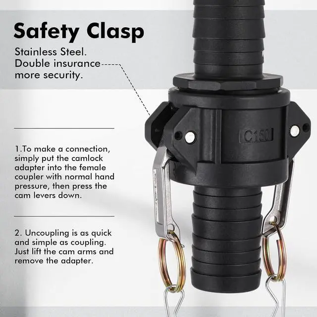 Alt view image 4 of 6 - Camlock Fittings 1-1/2 Inch Poly Standard Type C & E Polypropylene Cam and Groove Hose Fitting Kit with 1-1/2" Female & Male Camlock x 1-1/2" Hose Shank Cam and Groove Coupling (4 Sets/ 8 Pcs)