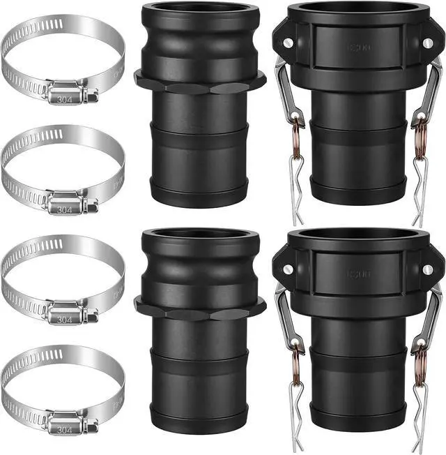 Main image of 2 Set Camlock Fittings Type C&E 3 Inch Polypropylene Cam and Groove Hose Fitting Kit Include 3" Female Coupling Cam Lock, 3" Male Adapter Camlock, Gasket, Hose Clamps for Industrial