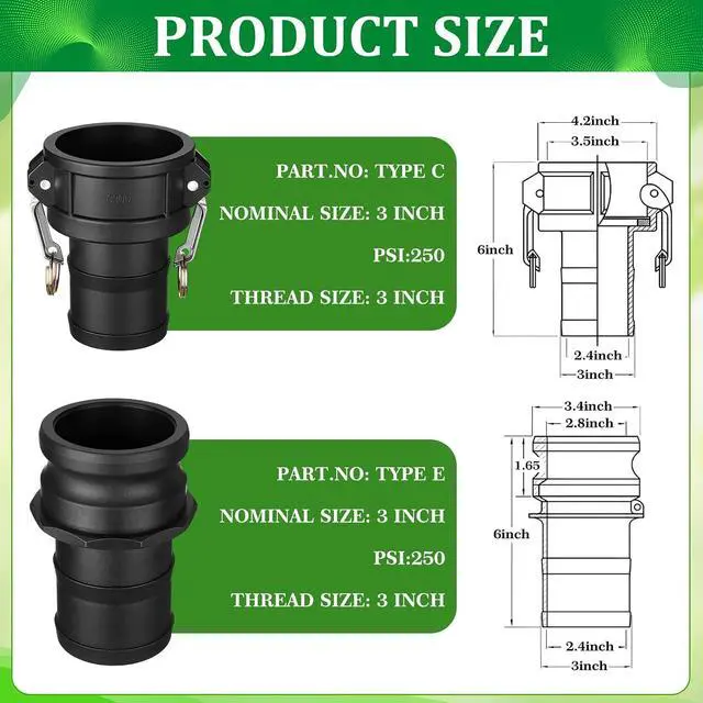 Alt view image 2 of 7 - 2 Set Camlock Fittings Type C&E 3 Inch Polypropylene Cam and Groove Hose Fitting Kit Include 3" Female Coupling Cam Lock, 3" Male Adapter Camlock, Gasket, Hose Clamps for Industrial