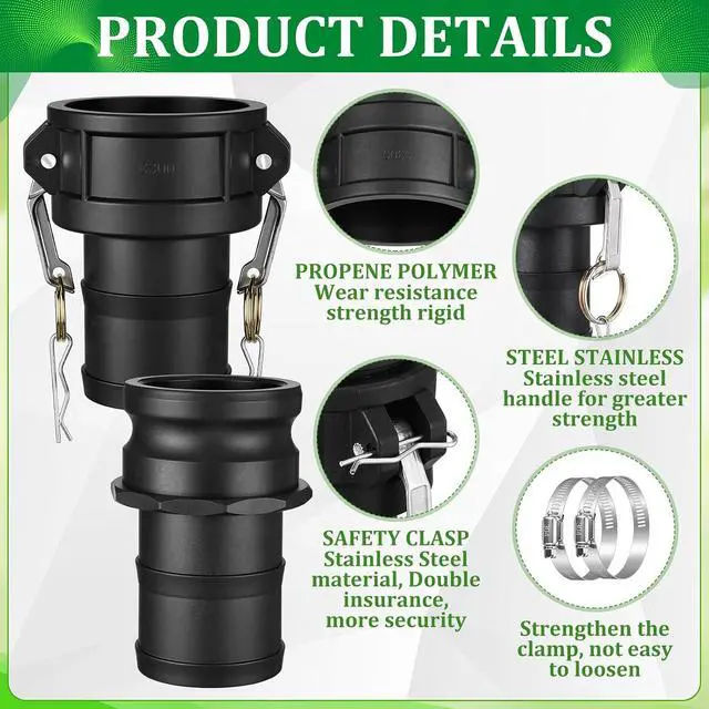 Alt view image 3 of 7 - 2 Set Camlock Fittings Type C&E 3 Inch Polypropylene Cam and Groove Hose Fitting Kit Include 3" Female Coupling Cam Lock, 3" Male Adapter Camlock, Gasket, Hose Clamps for Industrial