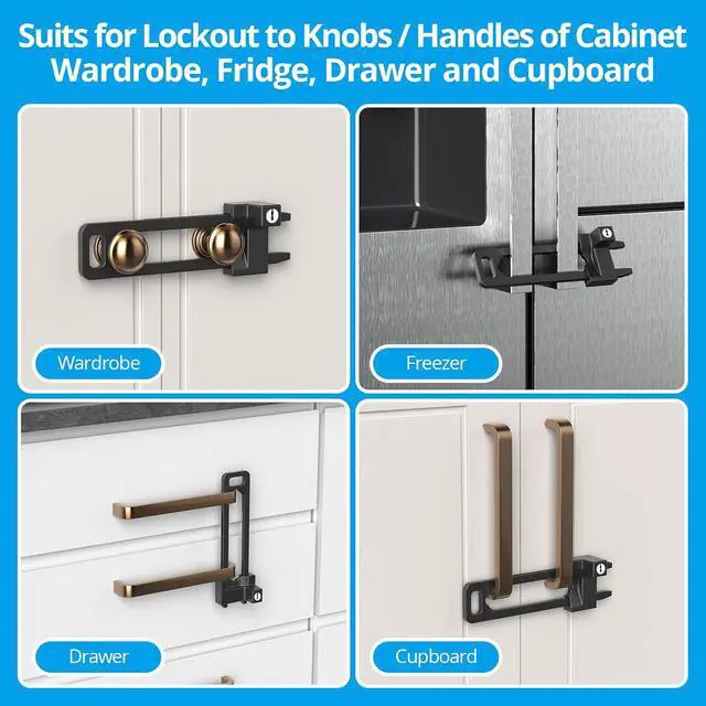Alt view image 6 of 7 - Keyed Cabinet Lock, 2 Locks 4 Keys Keyed Alike, Effective Childproof Cabinet Latch to Lockout Knobs and Handles, For Kitchen drawer Storage Cupboard Closet, Adjustable, Made of Metal (Matte Black)