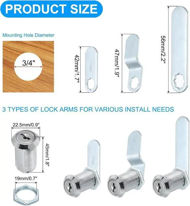 Alt view image 2 of 7 - 1-3/8 Inch Cabinet Locks with Keys, 15 Pack Zinc Alloy Cam Lock Cylinder RV Lock Set Key Different for Cabinet RV Drawer Storage Door Tool Box, Silver