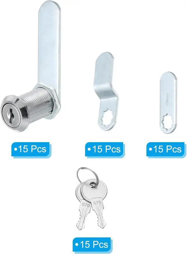 Alt view image 3 of 7 - 1-3/8 Inch Cabinet Locks with Keys, 15 Pack Zinc Alloy Cam Lock Cylinder RV Lock Set Key Different for Cabinet RV Drawer Storage Door Tool Box, Silver